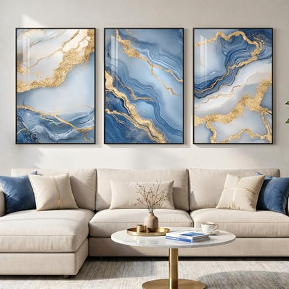 Large Framed Blue Gold White Abstract Wall Art for Living Room, Each 24x36 - color: Blue Gold Flow, size: 24" W x 36" H x 3 pieces