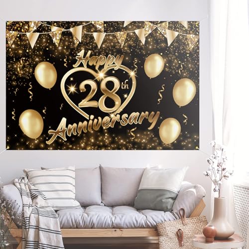 Happy 28th Anniversary Backdrop Party Decorations, Black Gold Glitter Bokeh Dots Valentine's Day Wedding Anniversary Party Photo Background Cake Table Banner Extra Large Wall Decor Props. 6 * 4ft (28) - color: 28