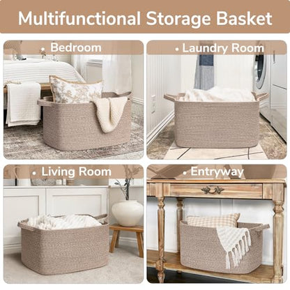 Goodpick Large Woven Rope Blanket Basket, Rectangle, Brown, 75L - color: Brown, size: Large(21.6"L x 14.9"W x 11.8"H)