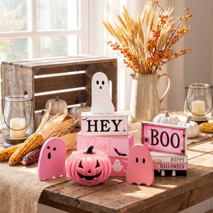 11 Pcs Halloween Table Decoration Pink Ghost Wooden Tiered Tray Decor Halloween Table Centerpiece Wooden Signs for Spooky Season Ghost Party Haunted Home Kitchen Shelf - style: Pink Ghost