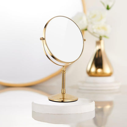 Gold Makeup Mirror 1X/10X Free Standing for Bathroom 8 Inches 360 Swivel Dual-Sided Tabletop Makeup Mirror, Metal - color: Gold Without Light