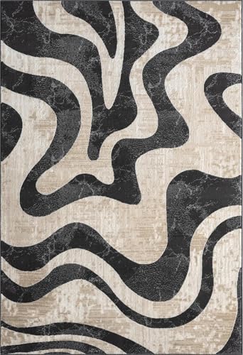 Beige Black Swirl Modern Area Rug – 9' x 12' – Contemporary Abstract Design – Terra Collection – Non-Shedding, Fade-Resistant, Easy to Clean – Durable for High Traffic Areas – Living Room & Bedroom - size: 9' x 12' (Rectangular)