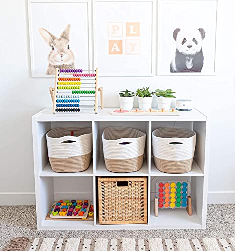 OrganiHaus Cotton Rope Baskets for Shelves, Set of 3, 15x9x10 - color: Honey / Off-White