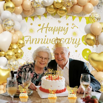 Happy Anniversary Decorations, 89pcs Wedding & Work Anniversary Party Decorations for Women Men, 50th 60th 30th 20th, Backdrop, Banner, Tablecloth, Foil & Latex Balloons, Cake Topper