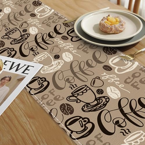 Retro Coffee Cup Table Runner Linen Long Farmhouse Rustic TableRunner for Party Holiday Dining Room /Kitchen,13 x 70 Inches - color: Retro Coffee Cup