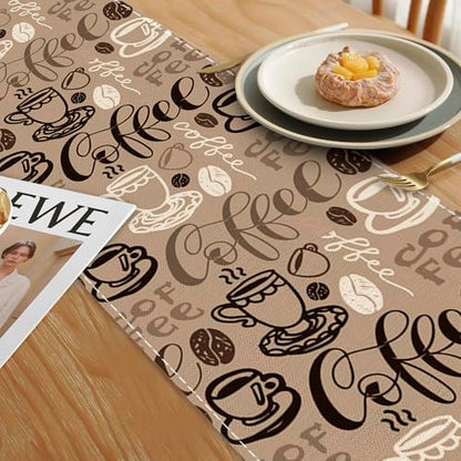 Retro Coffee Cup Table Runner Linen Long Farmhouse Rustic TableRunner for Party Holiday Dining Room /Kitchen,13 x 70 Inches - color: Retro Coffee Cup