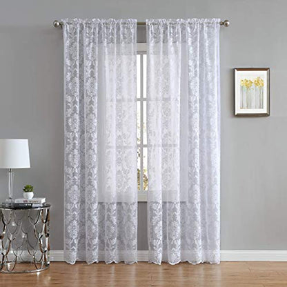 LinenZone 63 Inch Sheer White Lace Curtains. (Fiona, 54 x 63 White) - color: White, size: 54"W x 63"L (Pack of 2)