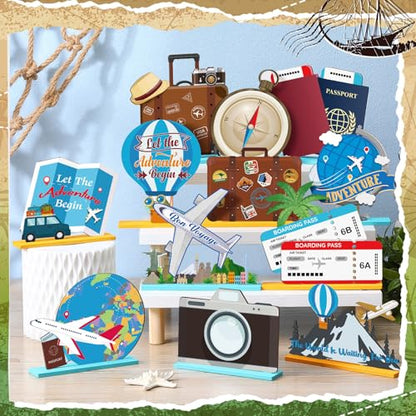 Marsui 12 Pcs Travel Wooden Centerpieces, Adventure Party Decor - style: Travel
