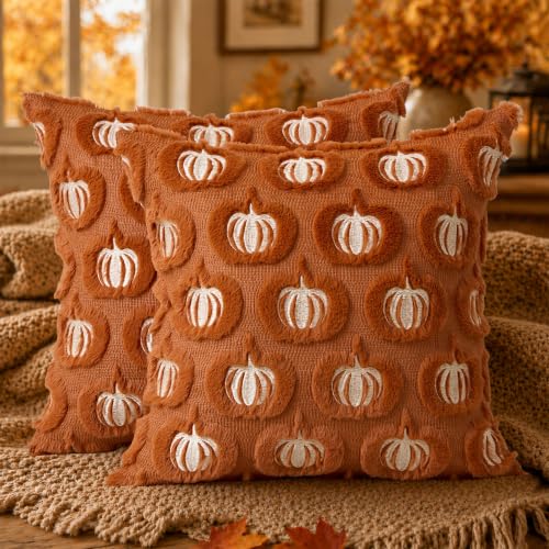 DFXSZ Fall Pillow Covers 18x18 Set of 2 Beige Pumpkins Embroidery Rust - color: Rust Beige Pumpkin, size: 18" x 18" (Pack of 2)