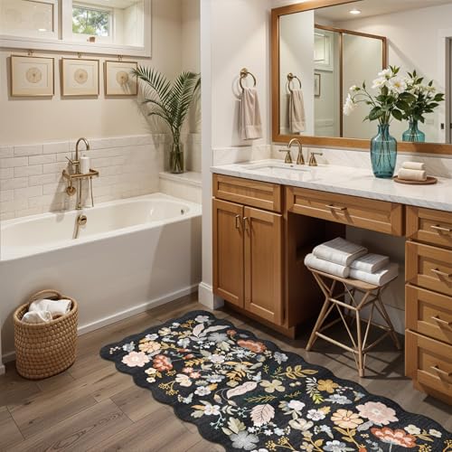 3x6 Washable Kitchen Runner Rug: Floral Scalloped Hallway Runner Rugs Black - color: Black, size: 3' x 6' (Runner)