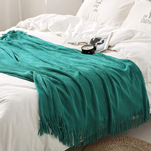 Homiest Teal Knitted Throw Blanket with Fringe, 50x60 Inch - color: Teal, size: 50" x 60"