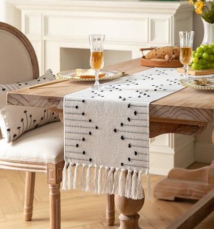 Caflife Black Beige Cotton Linen Rustic Boho Table Runner 13 x 60 Inch Long - color: Black Beige, size: 13x60Inch