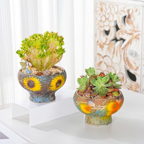 Sungmor Small Succulent Planters Set of 2, Beautiful Hand Crafted Ceramic Plant Pots Cute Cactus Pot, 6.5 Inch Flower Pots for Indoor Plants with Drainage, Desktop Windowsill Home Office Decor Pots - color: Style-j (Dia.: 6.9inch & H: 4.3inch)