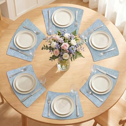 Faux Leather Set of 6, Placemats with Carving Floral Design - color: Light Blue
