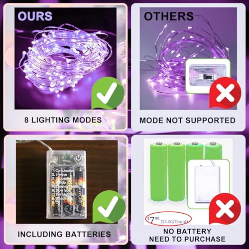 Purple Fairy Lights Battery Operated (Included), 8 Modes & Auto timer, 16FT 50Led Mini Twinkle Silver Wire Firefly Starry lights, Waterproof Battery Operated Lights for Party Bedroom Christmas - color: Blue, size: 1 Pack - Batteries Included