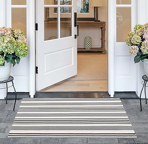 Black and White Striped Doormat 24"x35"Cotton Washable Fall Layering Rug - color: White Striped, size: 2' x 3' (Rectangular)