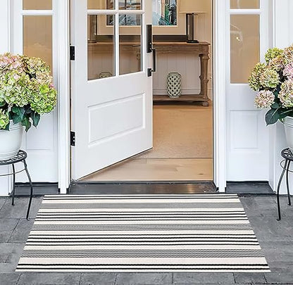 Black and White Striped Doormat 24"x35"Cotton Washable Fall Layering Rug - color: White Striped, size: 2' x 3' (Rectangular)