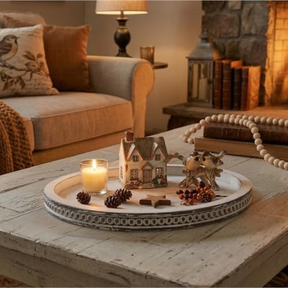 Farmhouse Round Wooden Beaded Tray 12" White Washed Wooden Decorative Tray Round Rustic Wood Decorative Coffee Table Trays for Home Living Room Kitchen Counter
