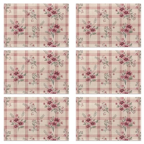 Placemats Set of 6, Cute Flowers Pink Linen Placemats 12x18 Inch, Heat Resistant Table Mats, Washable Non Slip Place Mats for Dining Table Kitchen Home - color: Cute Flowers Pink