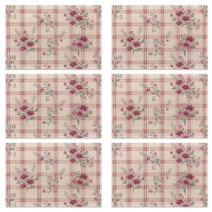 Placemats Set of 6, Cute Flowers Pink Linen Placemats 12x18 Inch, Heat Resistant Table Mats, Washable Non Slip Place Mats for Dining Table Kitchen Home - color: Cute Flowers Pink