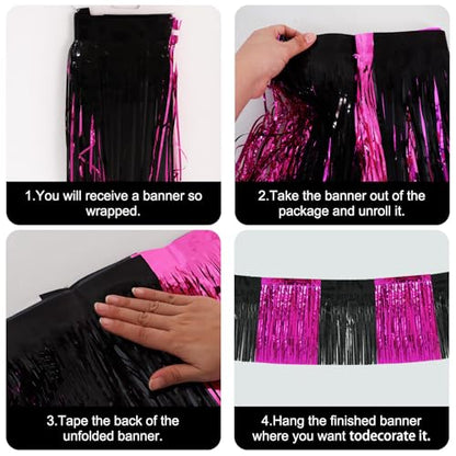 BEISHIDA Hot Pink Fringe Garland Banner 30ft Wall Tinsel Foil Streamers - color: Black Hot Pink
