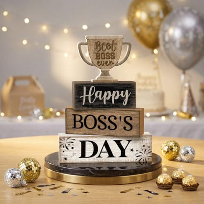Moucuny 4 Pcs Boss Day Table Decorations Rustic Trophy Wooden Blocks Decor - style: Happy Boss’s Day