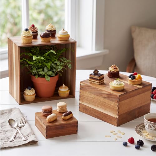 Maxdot 8 Pcs Acacia Wood Risers Buffet, Wood Display Stand 4.7 to 11 Inch Square Dessert Table Set for Buffet Table Stackable Wooden Crates for Birthday Wedding Home Decor