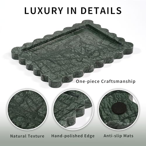 Scalloped Green Marble Tray - Large Home Decorative Stone Vanity Perfume Candle Plates for Bathroom Accessories Coffee Table, Key Dish for Kitchen Countertop Entryway (10.6" x 7.4" x 0.8")