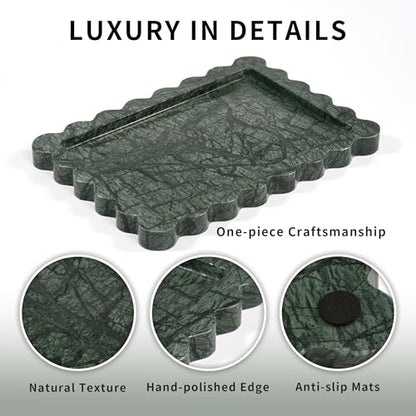 Scalloped Green Marble Tray - Large Home Decorative Stone Vanity Perfume Candle Plates for Bathroom Accessories Coffee Table, Key Dish for Kitchen Countertop Entryway (10.6" x 7.4" x 0.8")
