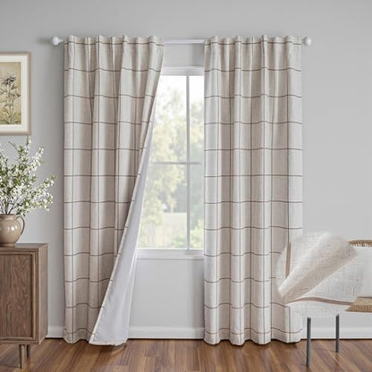 MYSKY HOME 100% Blackout Brown Plaid Farmhouse Linen Curtains 84 Inch Long 2 Panels Set Checkered Drapes Double Layer Thermal Insulated Privacy Protection Living Room Back Tab, 52" W Each Panel - color: Brown, size: 52"W x 84"L (Pack of 2)