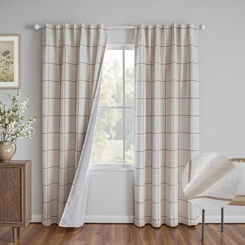 MYSKY HOME 100% Blackout Brown Plaid Farmhouse Linen Curtains 84 Inch Long 2 Panels Set Checkered Drapes Double Layer Thermal Insulated Privacy Protection Living Room Back Tab, 52" W Each Panel - color: Brown, size: 52"W x 84"L (Pack of 2)