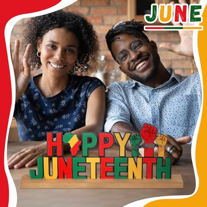 MiniInflat Metal Juneteenth Table Decorations Summer Centerpieces with Wooden Base Happy June 19th Freedom Day Table Topper Sign for Home Kitchen Tabletop Fireplace Mantel Shelf Desk Tiered Tray - style: Happy Juneteenth