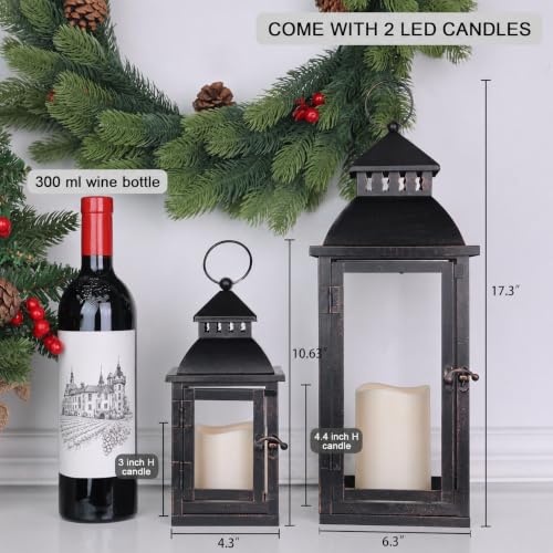 LED 랜턴 장식 야외 및 실내, 2개 세트 (43.2cm(17인치) 및 27.9cm(11인치)) 대형 블랙 메탈 랜턴 장식, 브론즈 브러시 포함, 현관, 파티오, 정원, 발코니, 웨딩 장식용 캔들 홀더(유리 없음) - color: 블랙 브러시 포함 / 43.2cm(17인치)+27.9