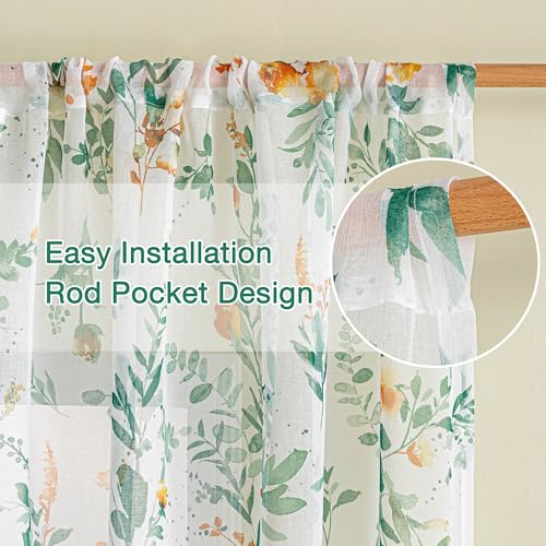 MYSKY HOME Green Floral Sheer Cafe Curtains 36 Inches Long - color: Green, size: 52"W x 36"L (Pack of 2)