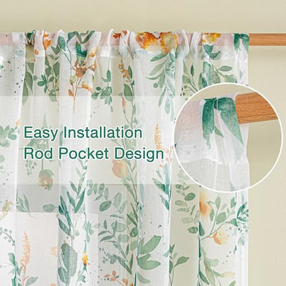 MYSKY HOME Green Floral Sheer Cafe Curtains 36 Inches Long - color: Green, size: 52"W x 36"L (Pack of 2)