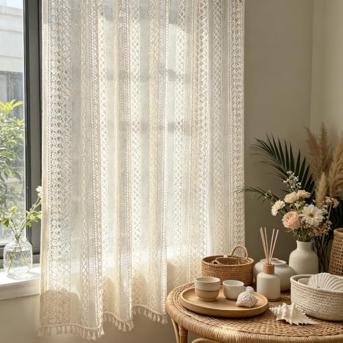 Boho Crochet Lace Sheer Curtains for Living Room Doorway Entryway Window - size: 55"W x 84"L (Pack of 1)