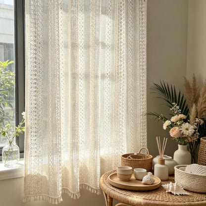 Boho Crochet Lace Sheer Curtains for Living Room Doorway Entryway Window - size: 55"W x 94"L (Pack of 1)