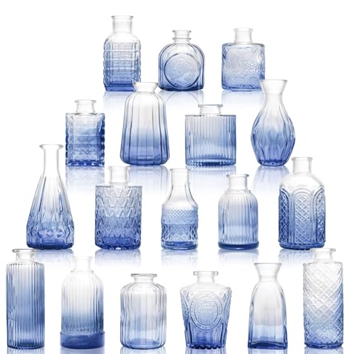 Petal Petite Small Blue Glass Bud Vase Set of 18 for Wedding Centerpieces - color: Blue