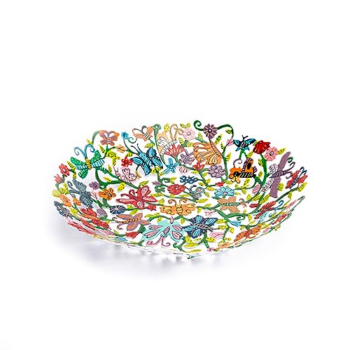 EMANUEL Yair Decorative Metal Fruit Bowl | Vibrant Hand Painted Bowl | Hangable Centerpiece Bowl for Home Decor and Gifting | Judaica Art (10 inch, butterflies) - color: butterflies, size: 10 inch