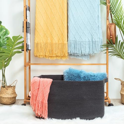 MINTWOOD Design 22in Extra Large Blanket Basket Holder Living Room, Rectangle Rope Woven Storage Basket with Handles for Laundry, Pool Towels, and Shoes, Dog Toy Organizer Bin Box, Charcoal - color: Charcoal Gray