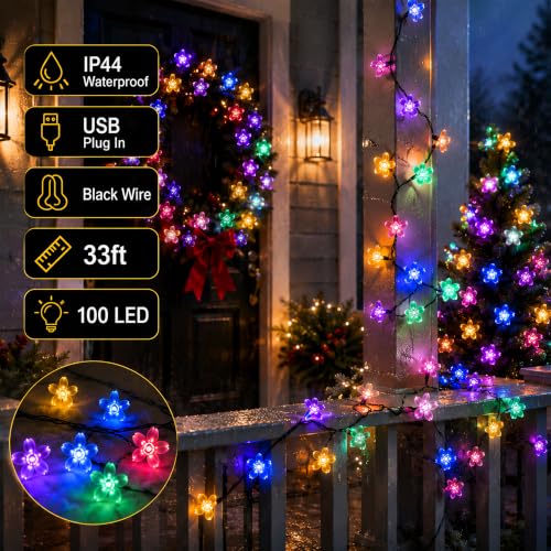 Pastel Easter Flower String Lights, 33ft 100 LED USB Powered with Timer - color: Multicolor