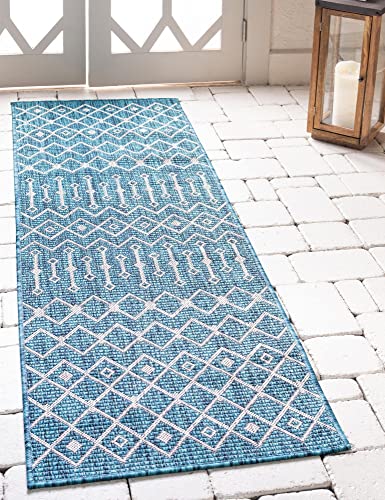 Unique Loom Outdoor Trellis Collection Area Rug - Tribal Trellis (2' x 8' Runner, Teal/ Ivory) - color: Teal/Ivory, size: 2' x 8' (Runner)