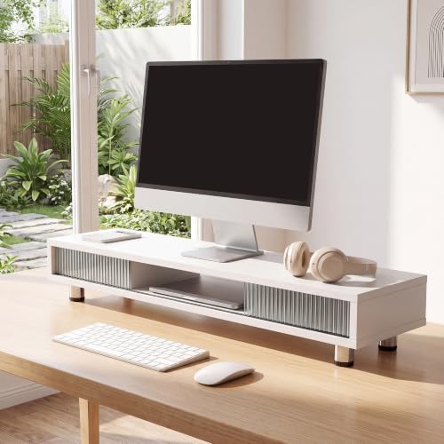 Fenge Dual Monitor Stand with Storage, Desk Shelf with Glass Sliding Door - color: White