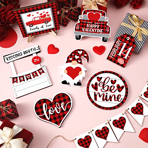 12 Pieces Valentine's Day Tiered Tray Decor Buffalo Plaid Table Wooden Sign Decorations Gnome Tabletop Heart Signs Be Mine Love Decor for Valentine's Day Party Home Kitchen Holiday(Plaid Heart) - style: Plaid Heart