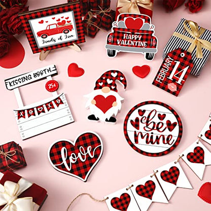12 Pieces Valentine's Day Tiered Tray Decor Buffalo Plaid Table Wooden Sign Decorations Gnome Tabletop Heart Signs Be Mine Love Decor for Valentine's Day Party Home Kitchen Holiday(Plaid Heart) - style: Plaid Heart