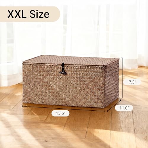 Nonam Large Wicker Basket with Lid,Seagrass Shelf Storage Basket,Coffee - color: XXL-Coffee