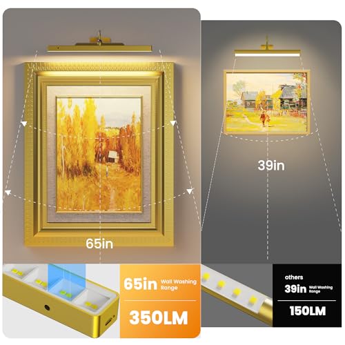 Lights for Pictures on Wall, 16in Battery Operated Picture Lights for Paintings, 5000mAh Wall Lights with Remote and 3 Light Modes,Art Light for Wall Painting,Frame, Portrait, Dartboard - Gold - color: Gold, size: 1 Pack
