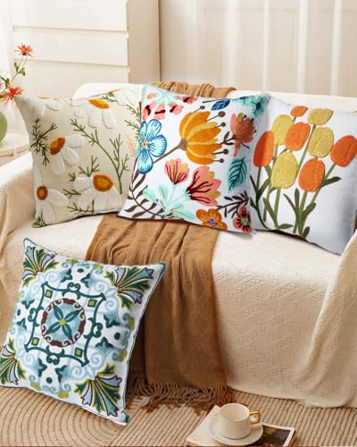 Embroidered Throw Pillow Cover, 18x18 Inch, Yellow Tulips - color: Yellow, size: 18" x 18" (Pack of 1)