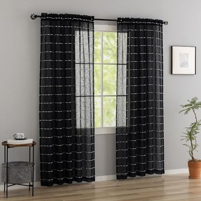 Black Sheer Curtains 72 Inch Faux Linen Boho Striped 2 Panels - color: Black, size: 52"W x 72"L (Pack of 2)