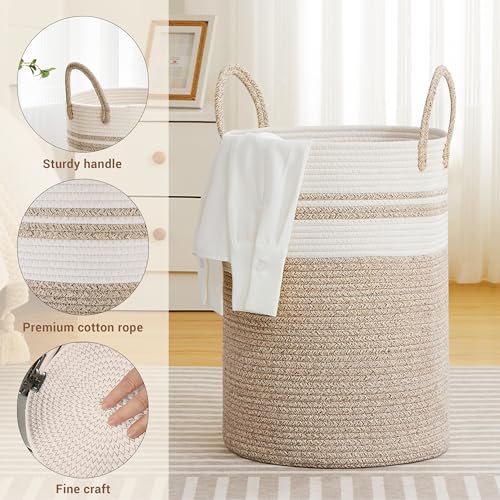 72L Large Tall Cotton Rope Laundry Basket with Handles, White & Brown - color: Brown & White, size: 72L